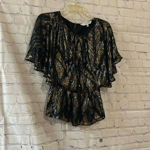 Trina Turk Tops - Trina Turk Silk Black Gold Silver Keyhole Flutter Sleeve Blouse SZ Small
